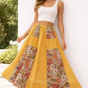 Chessa Davis Mustard Polka Dot Patchwork Floral Pull-On Midi Skirt Boho Prairie